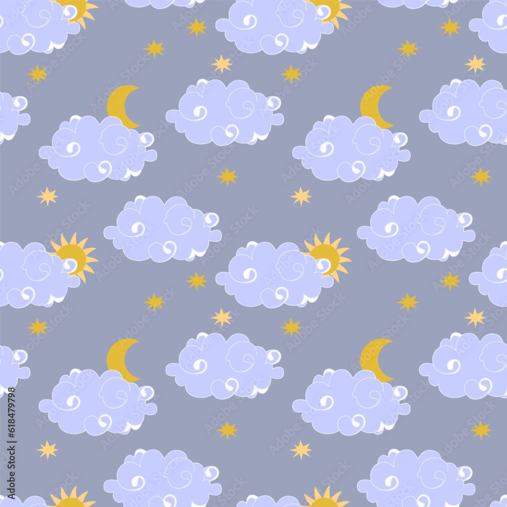 Clouds in the sky, sun, moon and stars. Seamless pattern, vector illustration Clouds in the sky, sun, moon and stars. Seamless pattern, vector illustration