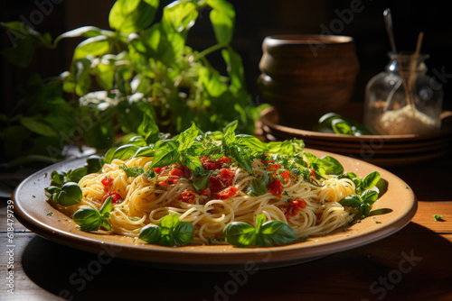 Bowl With Spaghetti With Basil Leaves On The Background Of A Wooden Table And A Dark Kitchen Created With The Help Of Artificial Intelligence