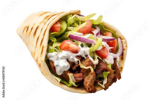 Delicious gyros fast food in flatbread, lettuce, tomatoes, onions, rolled, isolated, generative ai photo