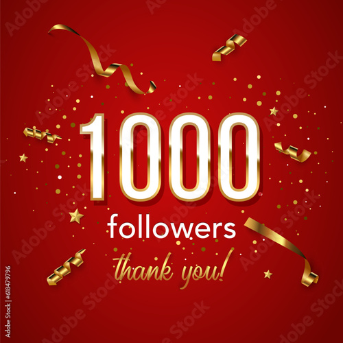 1000 followers celebration square vector banner. Social media achievement poster. One thousand followers thank you lettering. Golden sparkling confetti ribbons. Shiny gratitude text on red backdrop