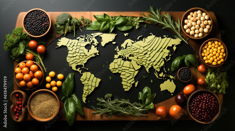 Culinary Exploration: Food-Infused World Map Illustration for World Food Day Concept Stock 