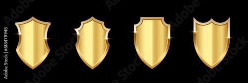 Gold shield set, realistic isolated golden trophy, 3d luxury safety protection emblems on black background