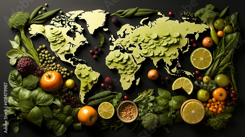 World map made of food on a plate with fork and knife on a plain background, world food day concept photo