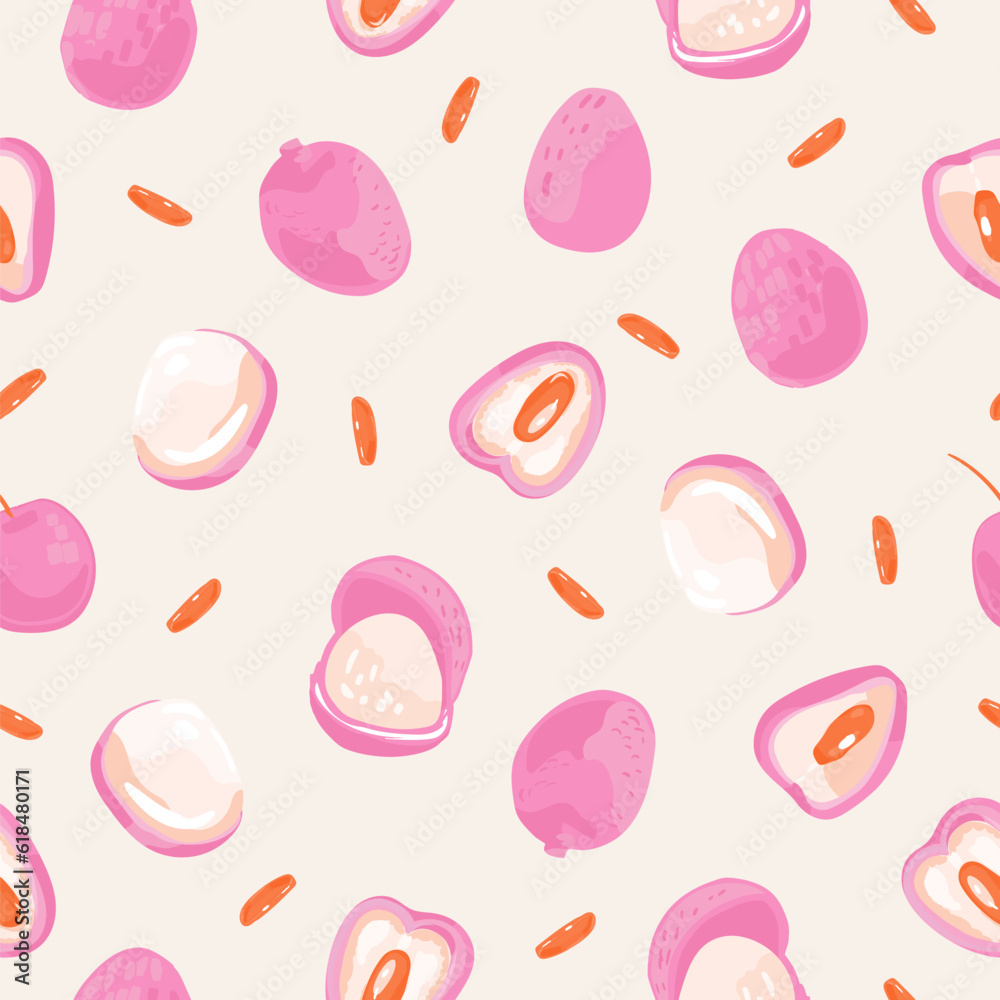 Pink lychee litchi Seamless vector pattern isolated on beige background. Healthy food hand drawn illustration for kitchen, wallpaper, textile, fabric, wrapping paper Pink lychee litchi Seamless vector pattern isolated on beige background. Healthy food hand drawn illustration for kitchen, wallpaper, textile, fabric, wrapping paper
