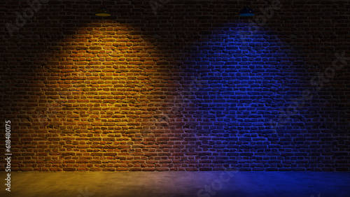 Brown brick wall background with spot lighting effect. Yellow, Blue