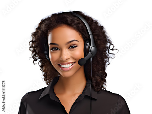 a woman with a call center headset smiling and wearing a black shirt, white background Generative AI
