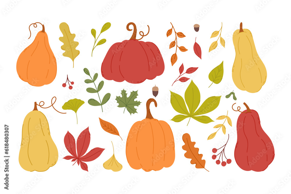 Autumn set of vector hand-drawn elements. A set of pumpkins and leaves. Fall elements. Autumn set of vector hand-drawn elements. A set of pumpkins and leaves. Fall elements.