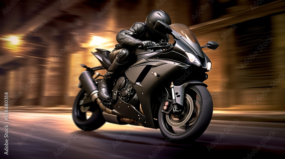 Black motorbike speeding fast on dark road, Generative AI