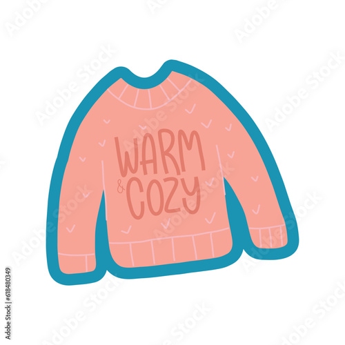 Warm and cozy. Decorative design composition with fall lettering and seasonal elements. Hand drawn phrase in sweater.