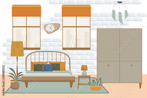 Vector flat interior of bedroom. Furnitures in midsentury modern style.