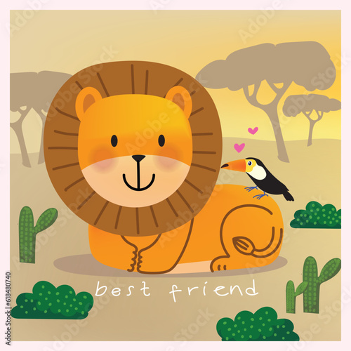 Illustration of cute lion cartoon hand drawn icon character vector zoo animal collection.