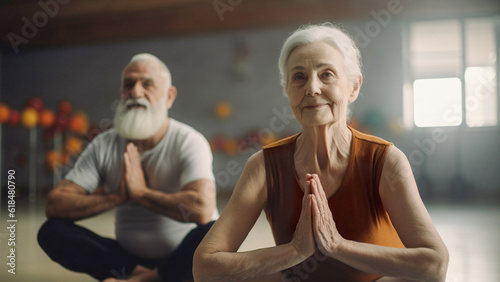 Senior couple doing yoga in a gym, AI generated