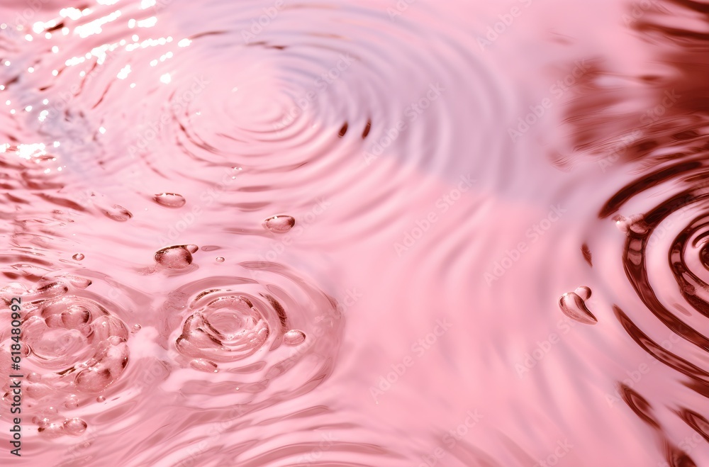Pinkish hue water backdrop, elegant for product photography, delicate ripples, side silhouette of tropical leaf, ideal ecommerce setup, Generative AI, Generative, KI

