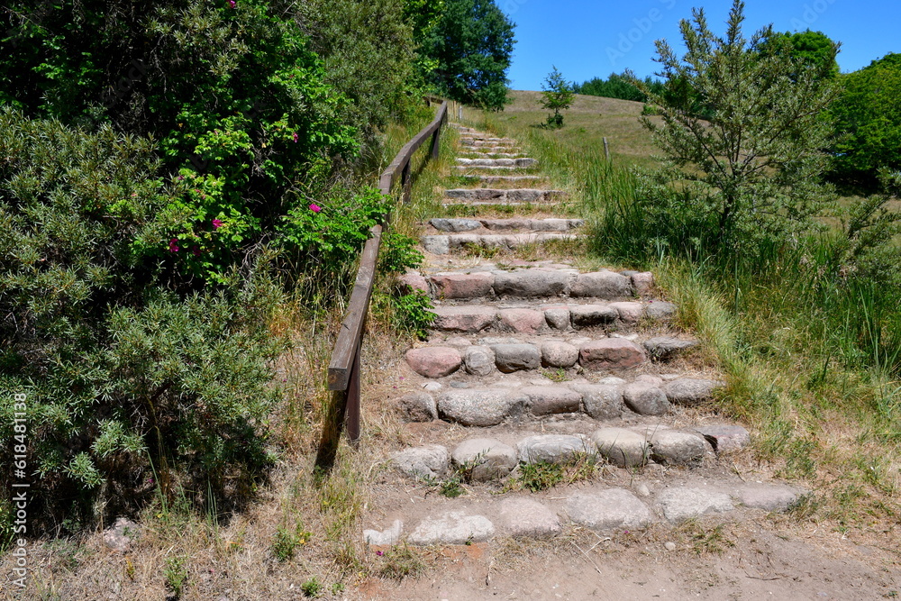 A close up on stairs with their steps made out of rocks, boulders, and stones and with the handle made out of planks, logs, and boards seen next to lush shrubbery and the slope of a tall hill