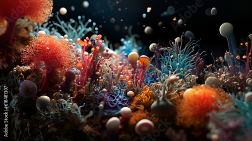 Microscopic life teems in a hidden realm. Under the microscope, microbes thrive in a bustling world, incessantly dividing, evolving, and engaging in intricate interactions, shaping Generative AI © Julia