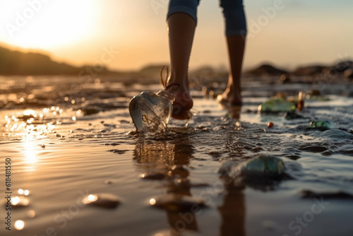 Cleaning for a better planet: Close-up of a volunteer's legs collecting plastic bottles on the ocean shore Generative AI © shaista