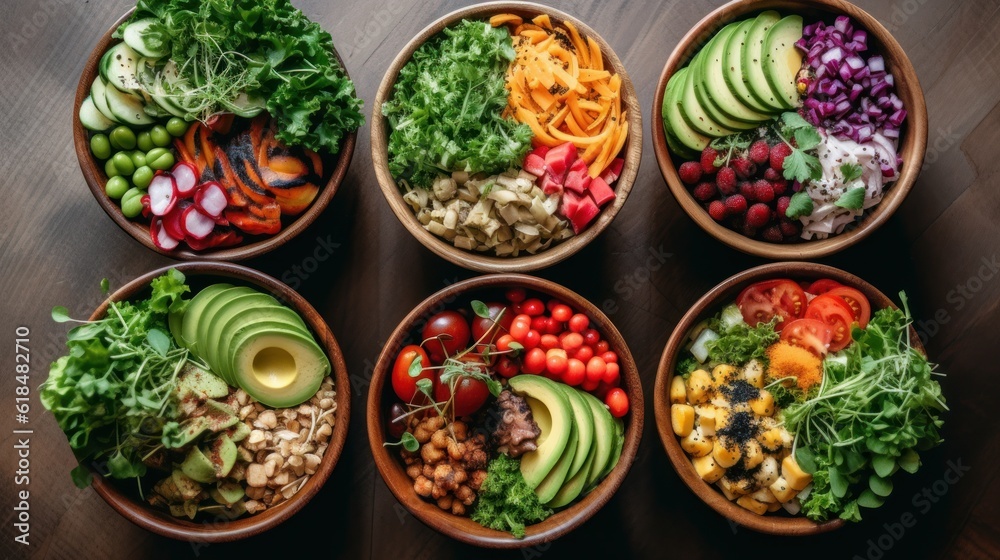 A salad bowls with a variety of fresh vegetables, protein, and dressings. AI generated