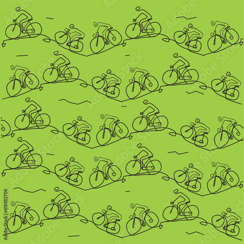 Mountain bikers, line art stylized, funny decorative background. Illustration of mountain bike cyclists riding in hilly terrain, green  background. Vector available.

