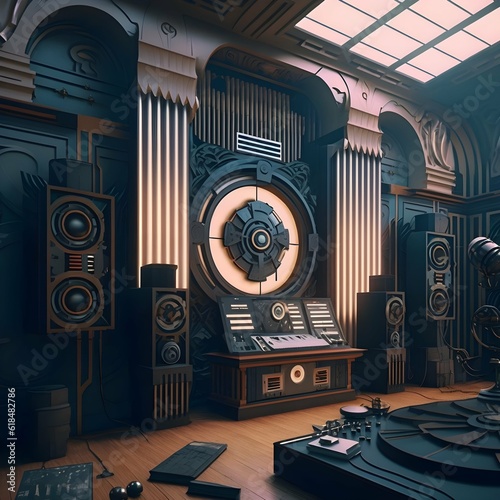 an elaborate recording studio filled with video scultpures and analog synthesizers cassete recordings and experimental media devices beautiful italian futurist architecture spacious well lit mafia  photo