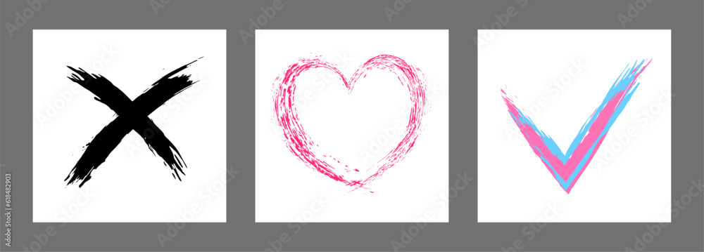 The cross, heart and OK symbol are hand-drawn with a brush. Prohibition, denial, error. Love. Approval, consent. Vector, set of 3 characters The cross, heart and OK symbol are hand-drawn with a brush. Prohibition, denial, error. Love. Approval, consent. Vector, set of 3 characters