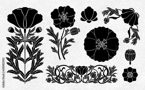 Floral poppy plant in art nouveau 1920-1930. Hand drawn in a linear style with weaves of lines, leaves and flowers.