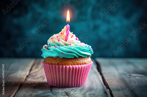 Birthday cupcake with candle made with Generative AI