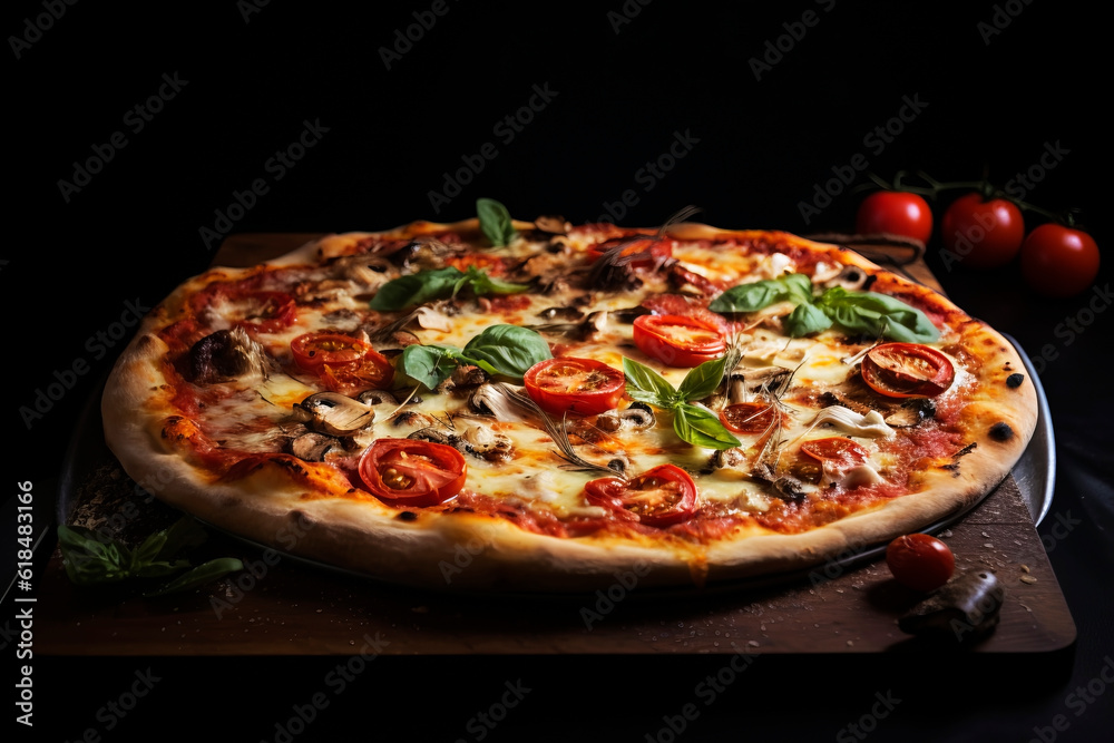 Appetizing pizza on a dark background. Generative AI