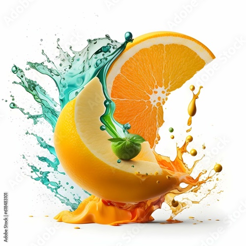 mix friut add carrot slice and orange slice Add mango add lemon twist juicy splash pastel color high quality delicious detial white background white backdrop advertise design reallistic cinematic 4k  photo