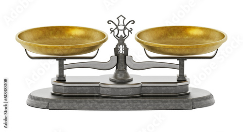 Vintage balanced scale isolated on transparent background. 3D illustration