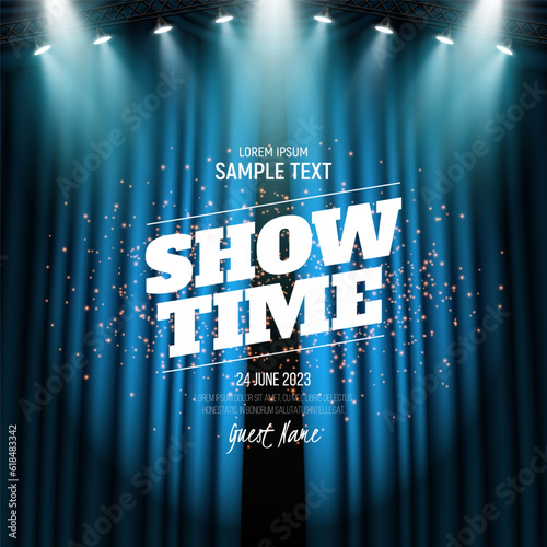 Blue curtain illuminated by spotlight. Vector illustration.