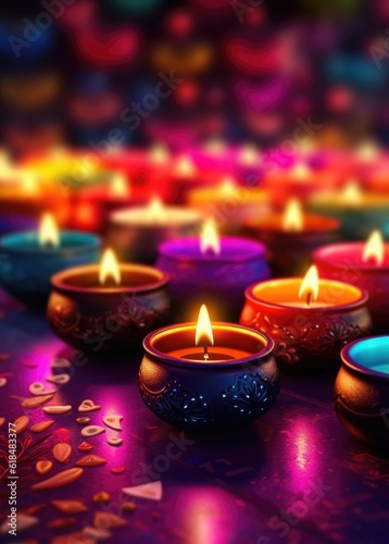 Lit diya candles against a colorful background. Generative AI