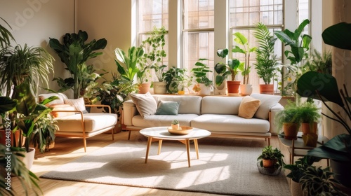 A clean and organized living space with plants, natural light. AI generated