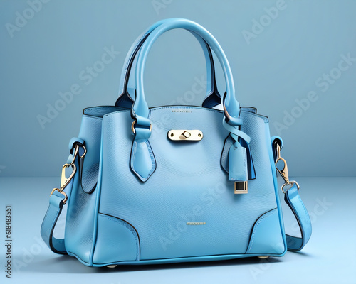 Beautiful trendy smooth youth women's handbag in gentle blue color on a light blue studio background.