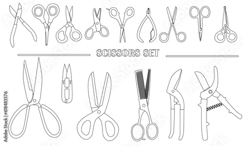Different scissors types outline vector illustration. Outline scissors vector set on white background. Open, closed cutting scissors or nippers collection.