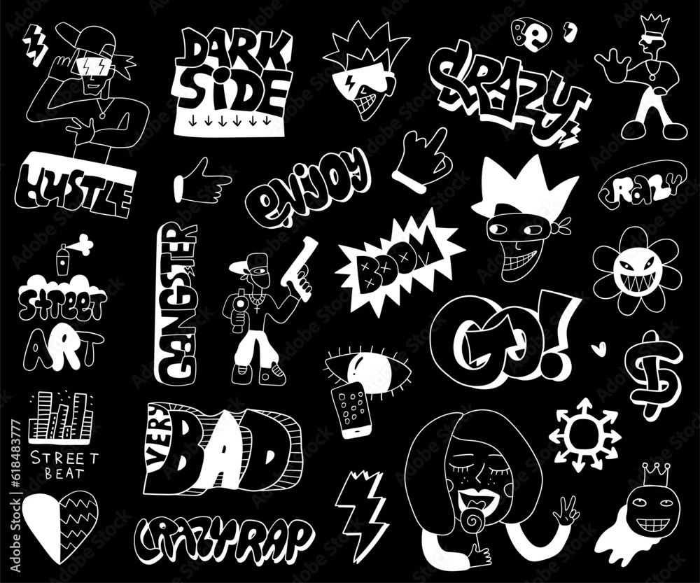 crazy doodle characters words graffiti style isolated white on black vector set,
  funny background for teenager