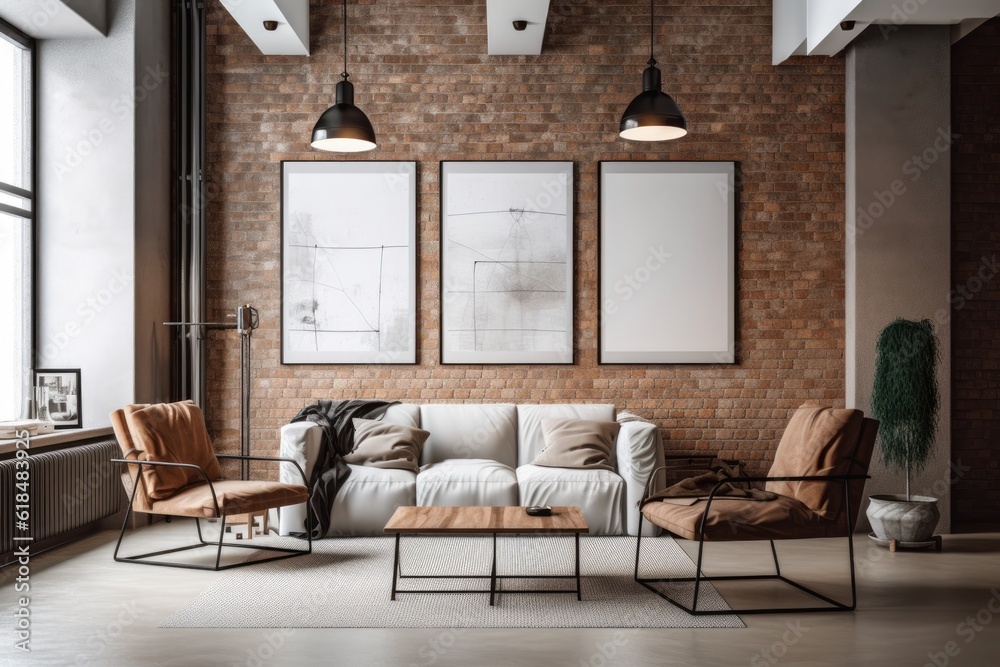 In the inside of a living room with a brown leather couch, carpet, floor lamp, and coffee table on hardwood flooring, there are three blank vertical posters on a white brick wall. Generative AI In the inside of a living room with a brown leather couch, carpet, floor lamp, and coffee table on hardwood flooring, there are three blank vertical posters on a white brick wall. Generative AI
