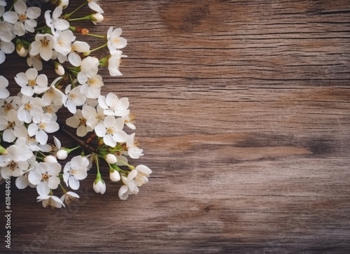 Blossom cherry on wood background. Generative AI. © Marharyta