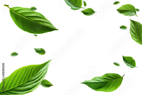 Flying green leaves on transparent free PNG background. Environment and ecology backdrop concept.