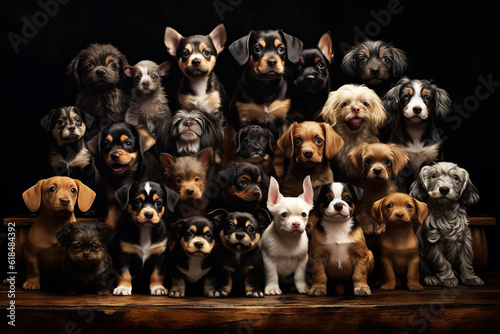 Many puppies on a dark background. Generative AI