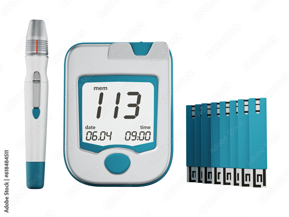 Fototapeta premium Blood glucose meter with strips isolated on transparent background. 3D illustration