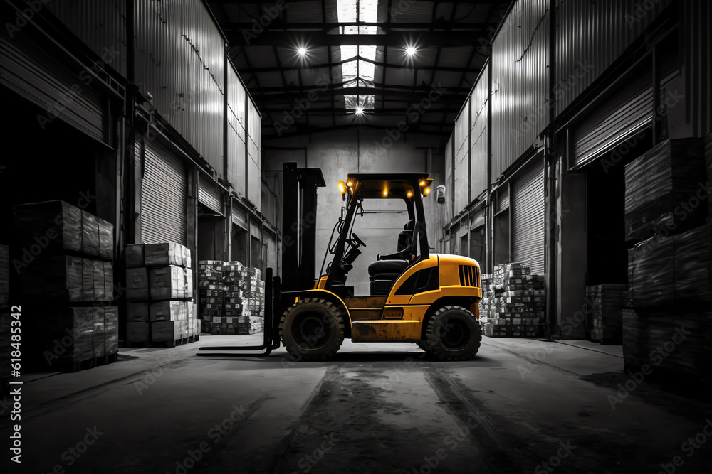 Forklift loader in storage warehouse ship yard. Distribution products. Delivery. Logistics. Transportation. Generative ai.