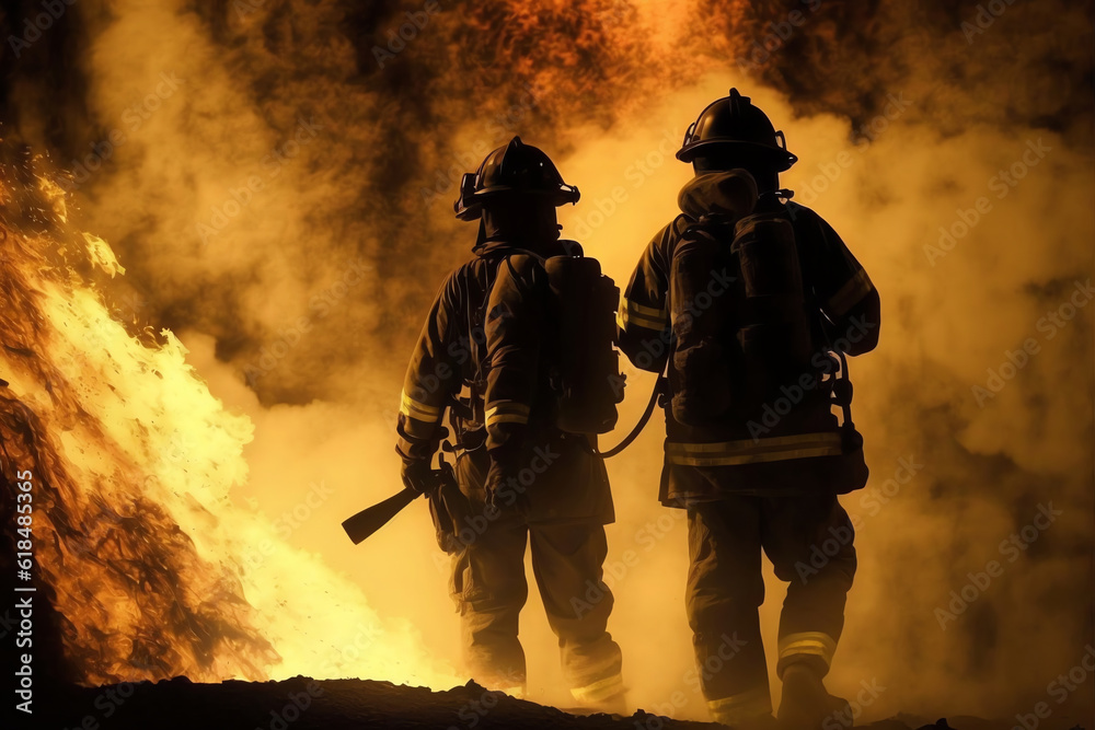 Firefighters in fire fighting operation, fireman in protective clothing and helmet with equipment in action fighting. generative AI.