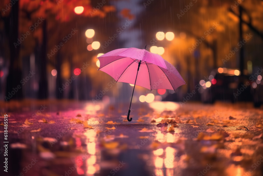 Evening downpour: Blurred city lights in the background as autumn leaves fall on a rainy road with a pink umbrella Generative AI