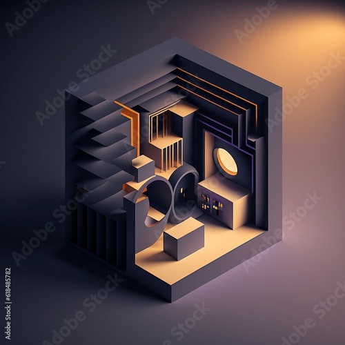 3d isometric geometric shape on dark background. Futuristic technology style. Abstract composition,  creative design