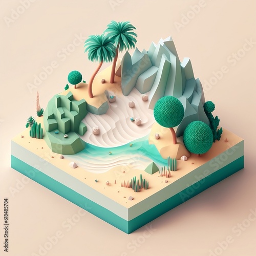 3d isometric render andscape with island, mountains and palm trees, beach and rest, of a desert with sand