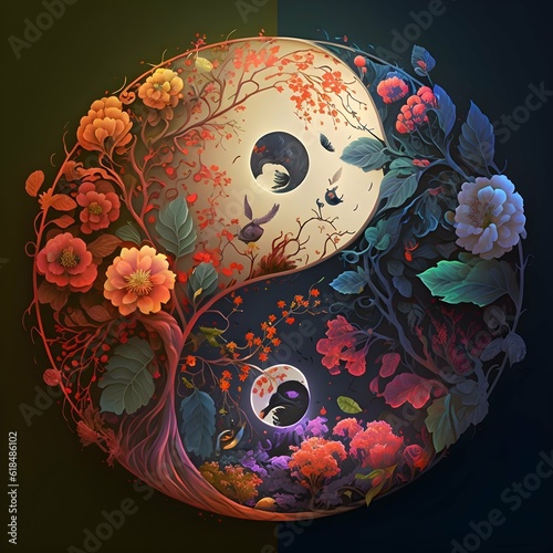 Yin yang flowers vibrant colors natural lighting many details detailed concept art 