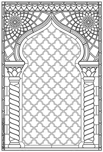 Stained glass window with oriental arch ornament