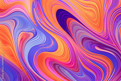 Psychedelic trippy Y2k retro background with bright swirl. Abstract liquid illustration. Blue  purple and orange groovy wave print.