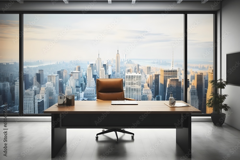 Modern office interior. White poster on wall. Mock up. CEO desk. created generative ai Modern office interior. White poster on wall. Mock up. CEO desk. created generative ai