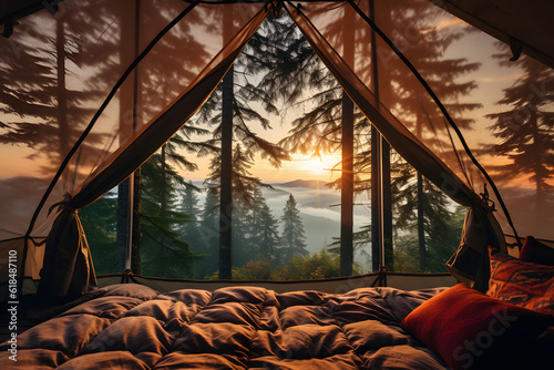 Inside veiw of a tent with a view of a forest, lively nature scenes, Generative AI